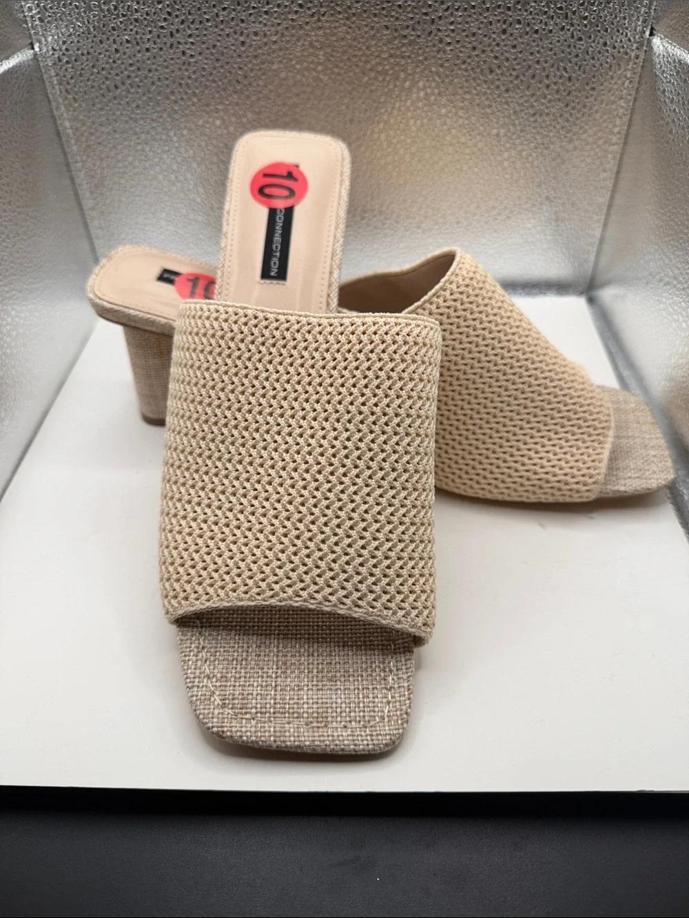 French Connection Knit Open-Toe Mule Heels in Beige